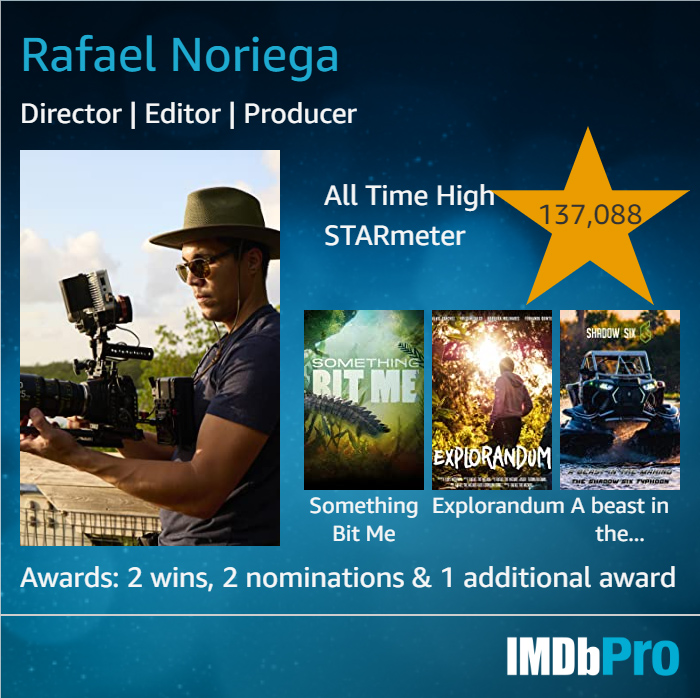 Rafael Noriega’s IMDbPro header: photo of him filming on the left, director/editor/producer labels, a star meter badge showing 137,088, and three film posters beneath.