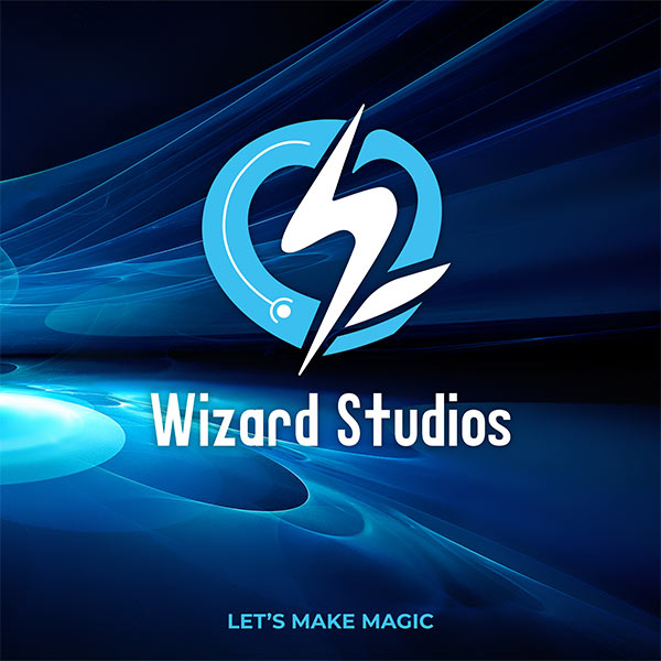 Wizard Studios logo featuring a blue circular emblem with a white lightning bolt and the text 'Wizard Studios' beneath, plus the tagline 'LET'S MAKE MAGIC' at the bottom.